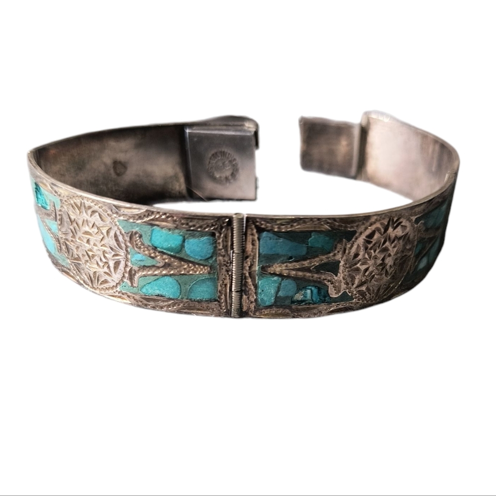 Vintage Mexico Sterling Silver & Crushed Turquoise Inca/Mayan Panel Bracelet - Picture 2 of 13